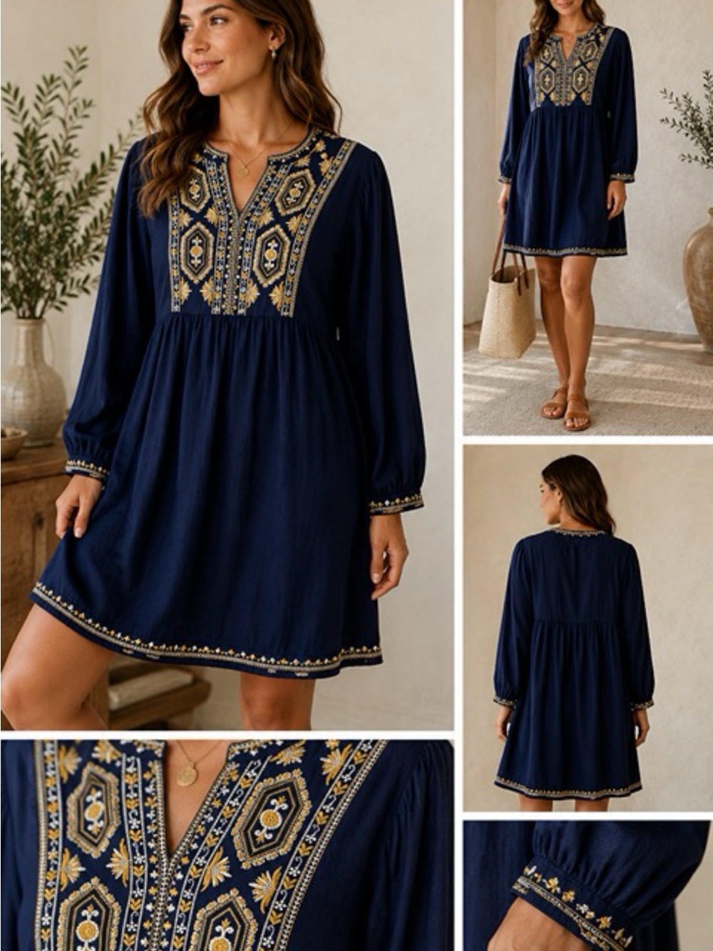 Solitaire Navy Long-Sleeve Embroidered Tunic Dress